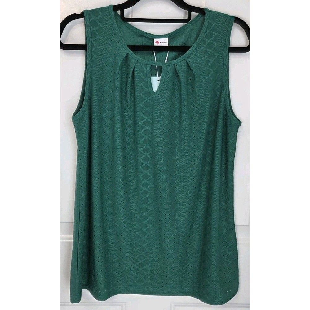 NWT Wiholl Green tank top, Eyelet embroidery & Keyhole Neckline - Size L